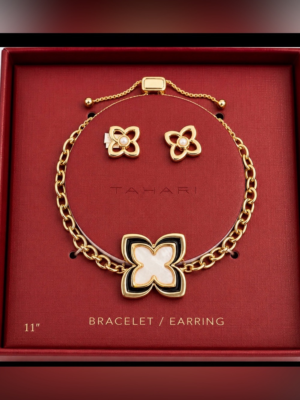 Tahari Gold-Tone Black & Cream Floral Bracelet and Stud Earring Set